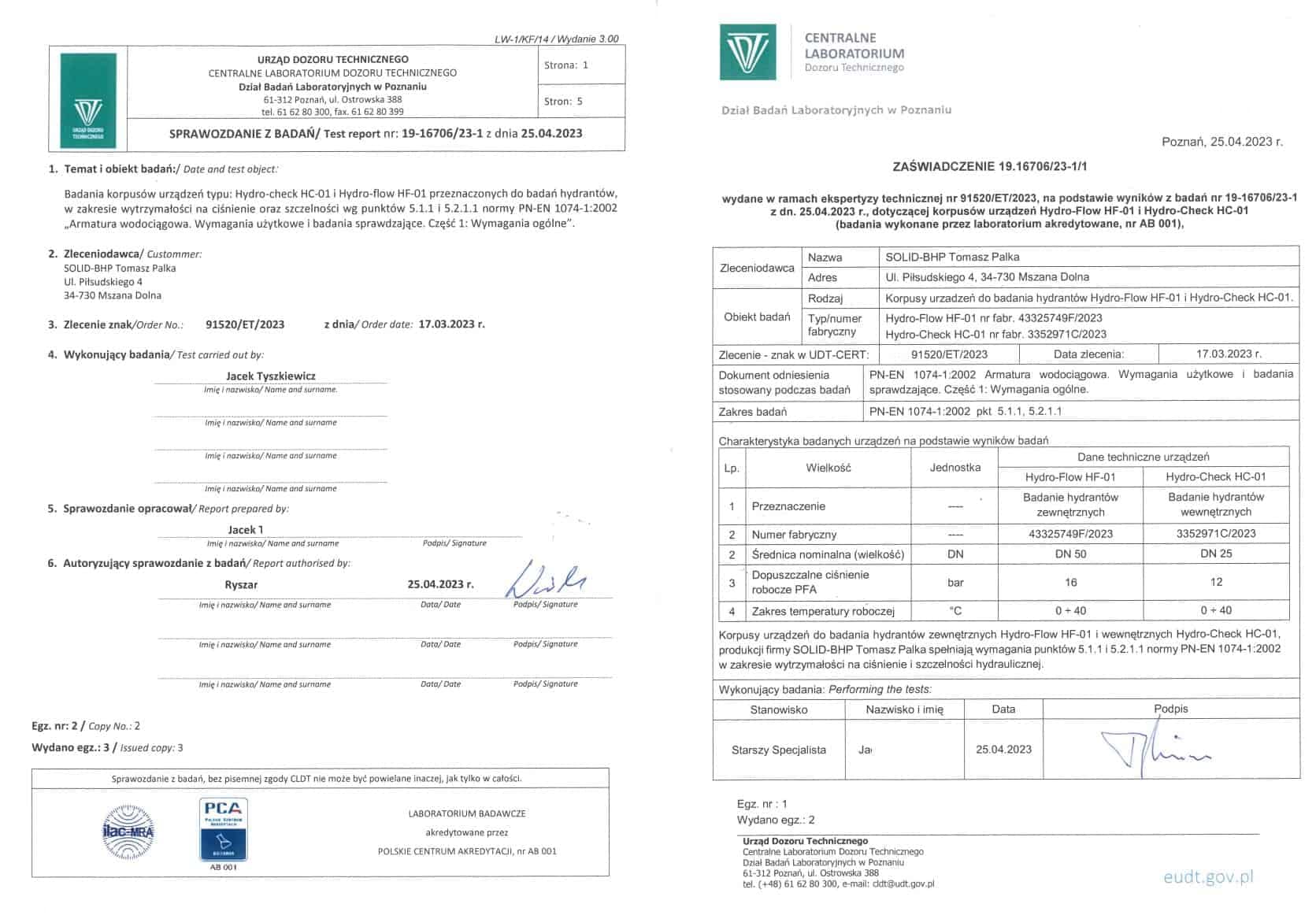 Atest UDT Urządzenie do badania hydrantów