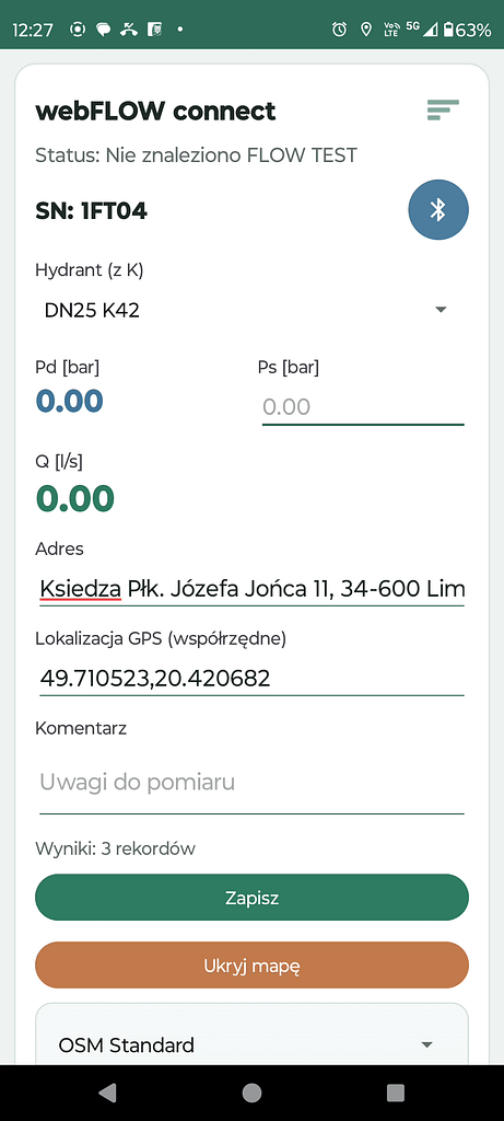 webFLOW - aplikacja mobilna (android) do pomiaru hydrantu