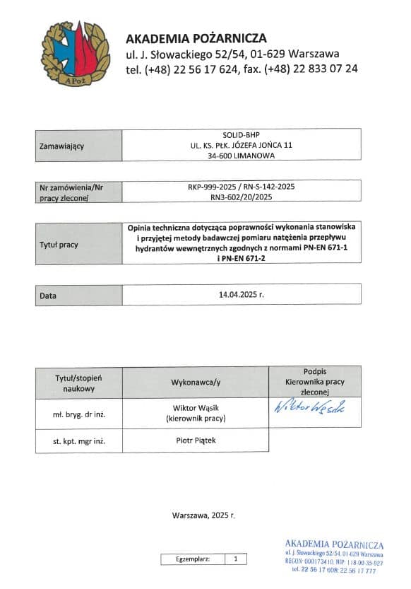 Opinia Akademii Pożarniczej laboratorium SOLID-BHP